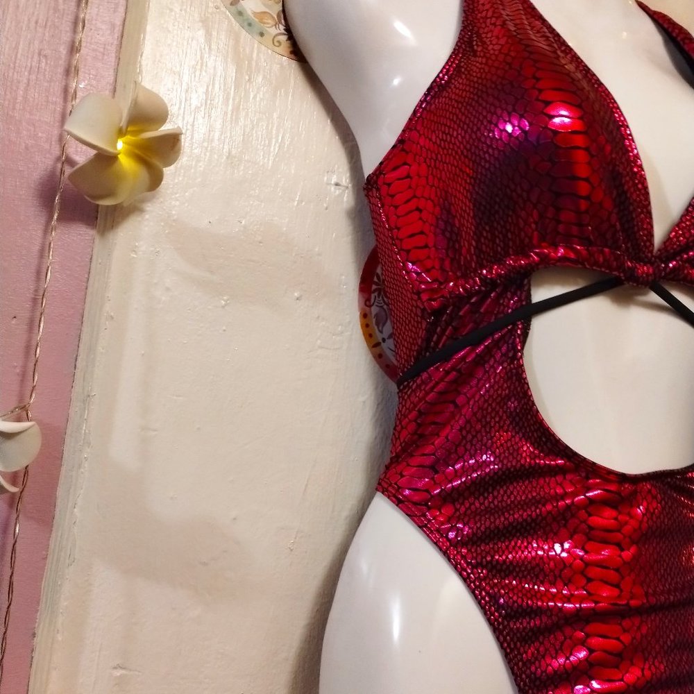 Red and Black (XL) Snakeskin Print Swimsuit